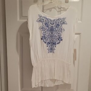 Elle White Blouse with Blue Embroidery